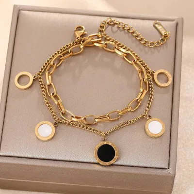 Roman Round Designer Double Layer Titanium Steel Bracelet